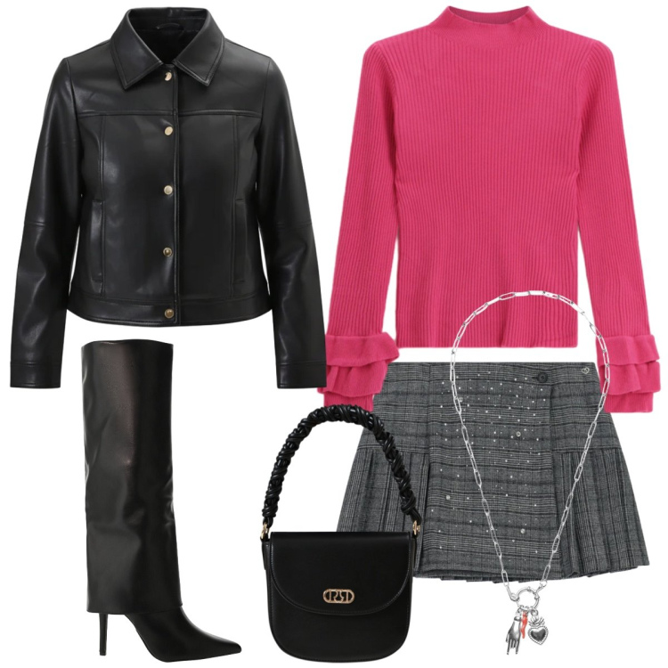 Outfit donna - In pelle. Stile Casual chic per Tutti i giorni. Abbinamento con minigonne, borse a mano, giacche, stivali, maglieria, ciondoli.