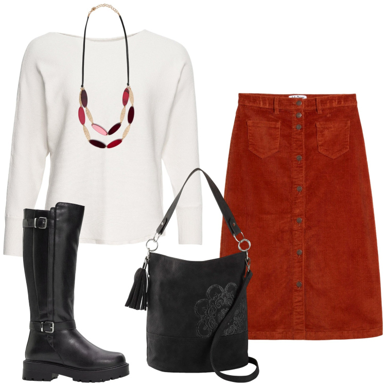 Outfit donna - Total look #2303951. Stile Urban per Ufficio. Abbinamento con gonne longuette, maglieria, borse a mano, stivali, collane.