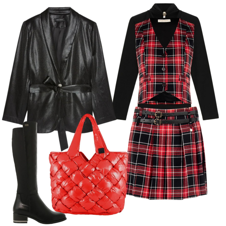 Outfit donna - Total look #2303954. Stile Glamour per Tutti i giorni. Abbinamento con minigonne, gilet, maglieria, stivali sopra il ginocchio, borse tote, blazer.
