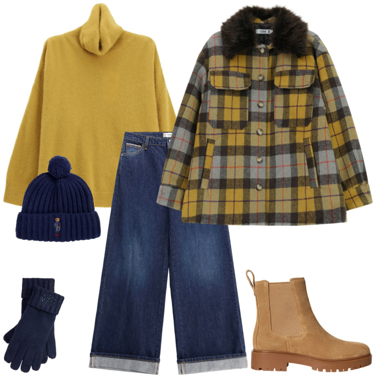 Outfit donna - Dicembre in città. Stile Casual chic per Tutti i giorni. Abbinamento con jeans, cappotti, maglieria, stivaletti chelsea, berretti, guanti.