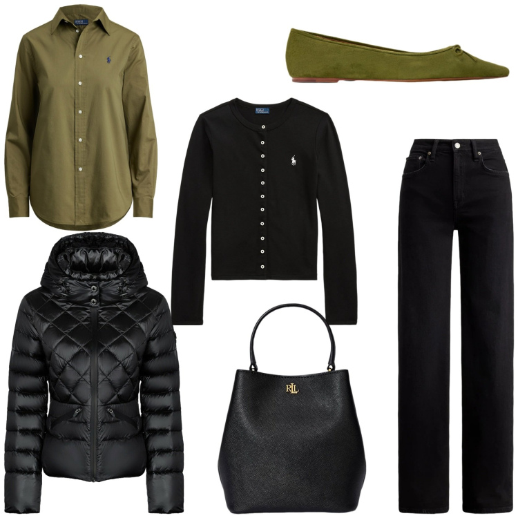 Outfit donna - Urban quiet luxury. Stile Urban per Tutti i giorni. Abbinamento con cardigans, borse a secchiello, jeans, ballerine, camicie, piumini.