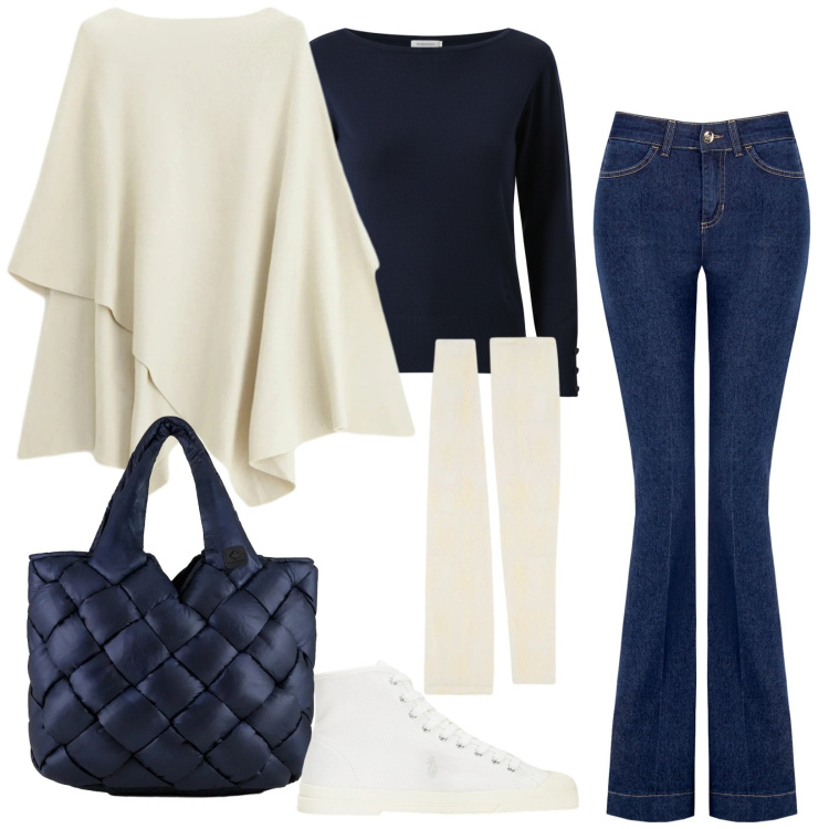 Outfit donna - Blu e bianco panna. Stile Minimal per Tutti i giorni. Abbinamento con maglieria, jeans a zampa, pullovers, guanti, sneakers alte, borse tote.