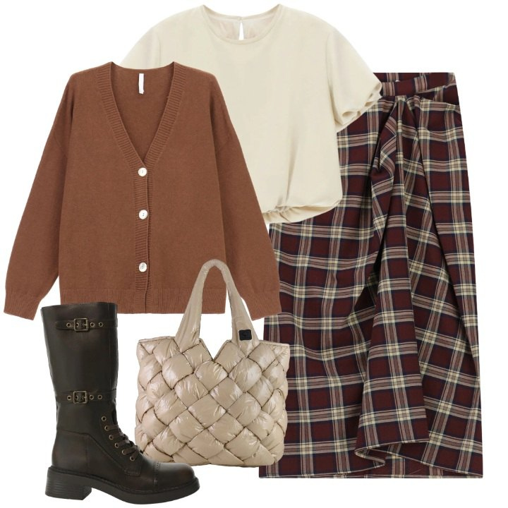Outfit donna - Drappeggi check. Stile Casual per Tutti i giorni. Abbinamento con gonne longuette, stivali, camicie a manica corta, cardigans, borse tote.