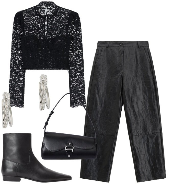 Outfit donna - Blusa rock. Stile Rock per Serata fuori. Abbinamento con pantaloni, bluse, orecchini, stivaletti, borse a spalla.