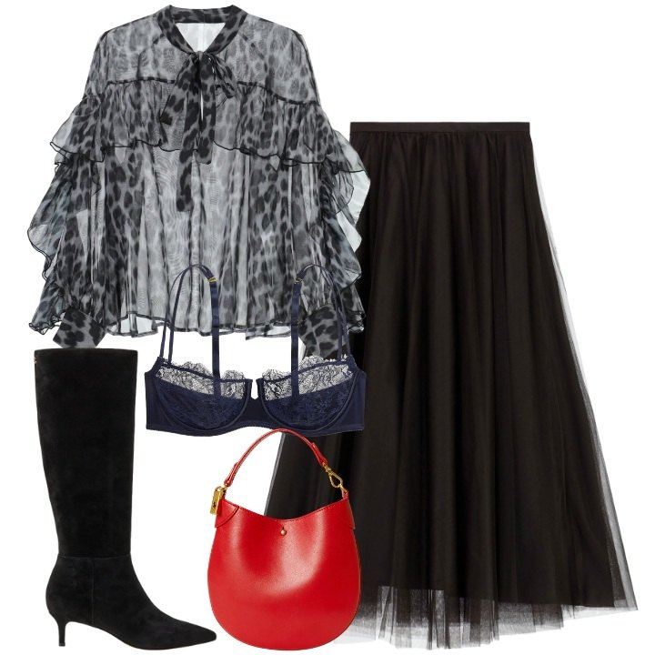 Outfit donna - Blusa per che ama osare. Stile Glamour per Serata fuori. Abbinamento con gonne lunghe, bluse, stivali, pochette, reggiseni a balconcino.