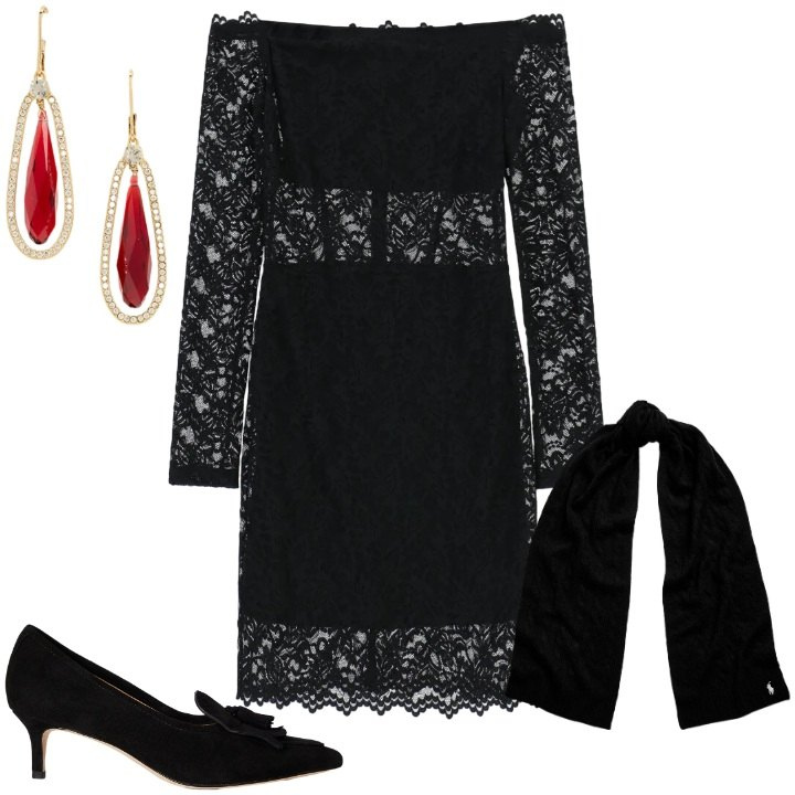 Outfit donna - Abitino in pizzo alleato per le feste. Stile Bon Ton per Serata fuori. Abbinamento con vestiti corti, sciarpe, décolleté, orecchini.