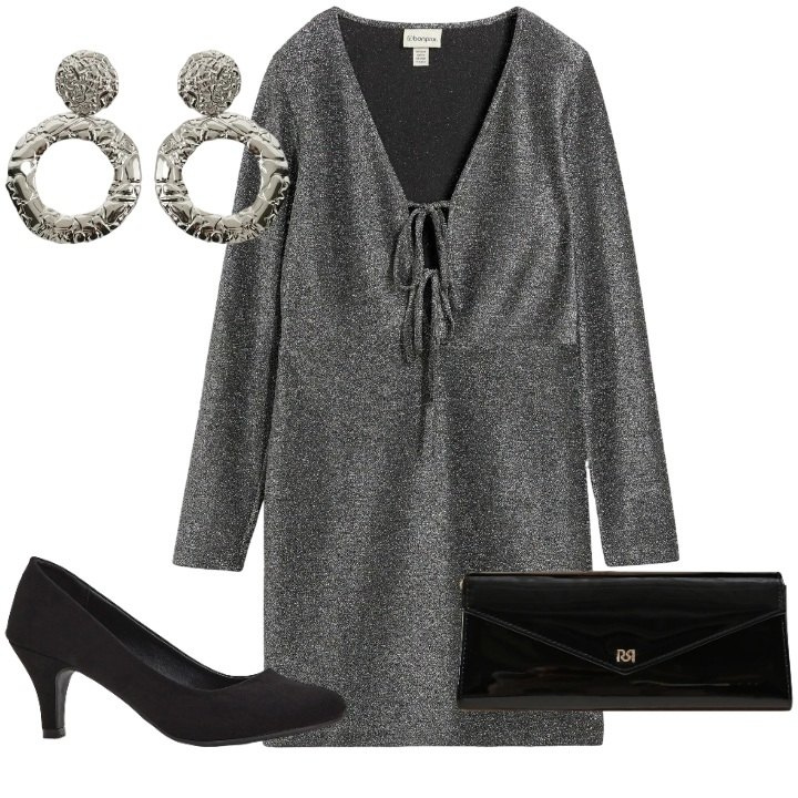 Outfit donna - Abito glitter da sfoggiare 24 dicembre. Stile Glamour per Serata fuori. Abbinamento con décolleté, vestiti corti, pochette, orecchini.