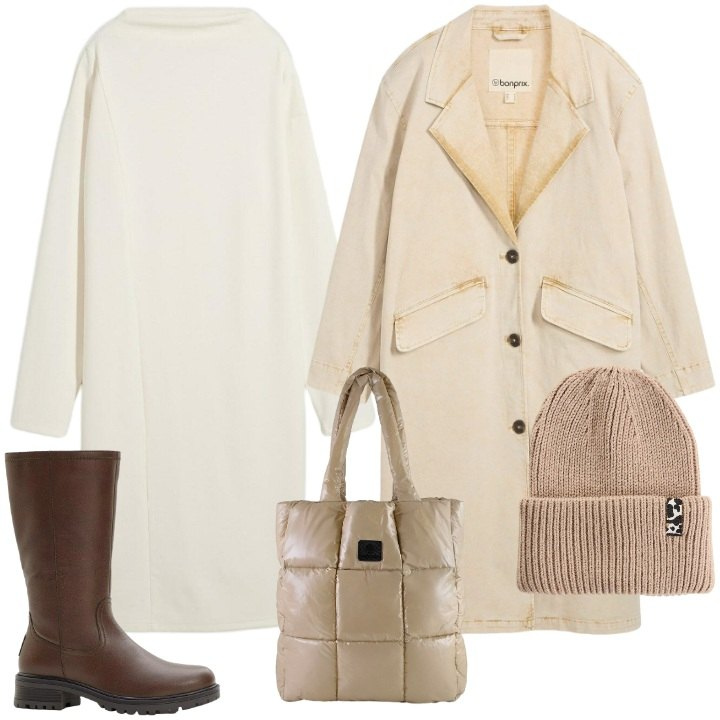 Outfit donna - Abito in maglia per shopping natalizio. Stile Basic per Tutti i giorni. Abbinamento con vestiti midi/longuette, trench, stivali, berretti, shopping bag.