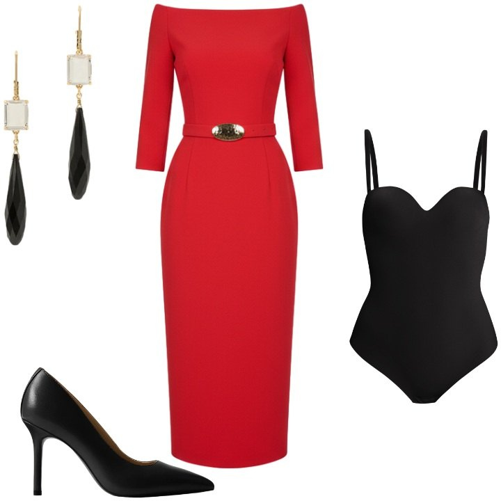 Outfit donna - L\'abito perfetto per la Vigilia. Stile Bon Ton per Tutti i giorni. Abbinamento con vestiti midi/longuette, body, décolleté, orecchini.