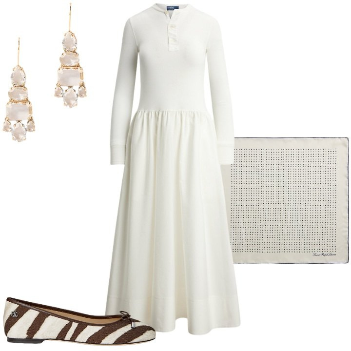 Outfit donna - In chiaro a Natale. Stile Basic per Tutti i giorni. Abbinamento con foulard, ballerine, orecchini, vestiti midi/longuette.