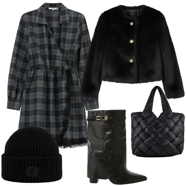 Outfit donna - Dettagli urbani. Stile Urban per Tutti i giorni. Abbinamento con vestiti corti, ecopellicce, stivali, borse tote, berretti.