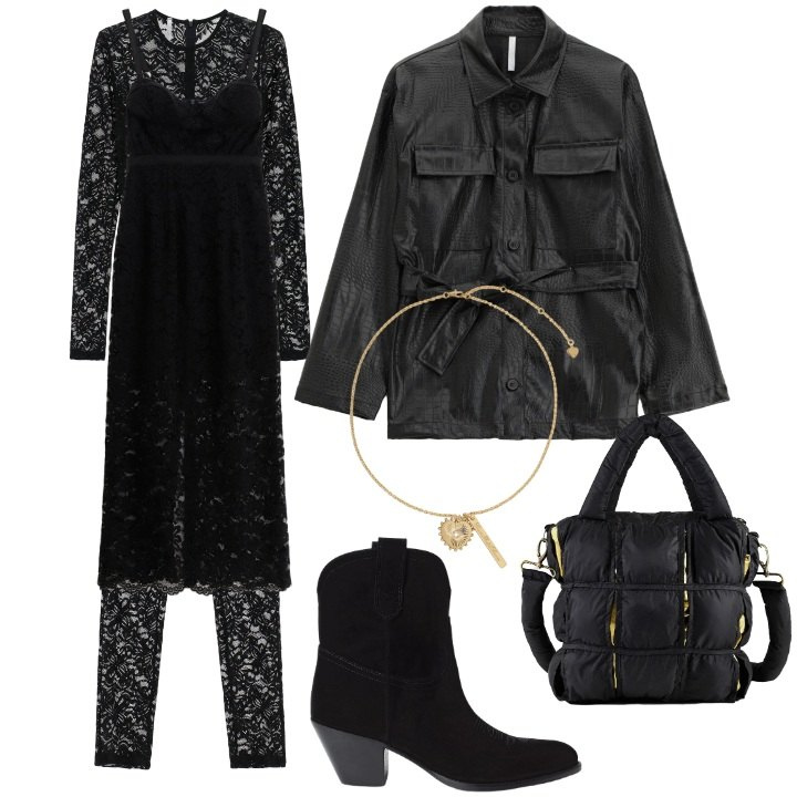 Outfit donna - Urban rock. Stile Rock per Serata fuori. Abbinamento con vestiti midi/longuette, tute, cappotti, stivaletti, ciondoli, borse a mano.