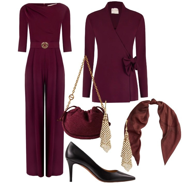 Outfit donna - Cerimonia invernale. Stile Chic per Cerimonia. Abbinamento con tute, blazer, borse a spalla, décolleté, sciarpe, orecchini.