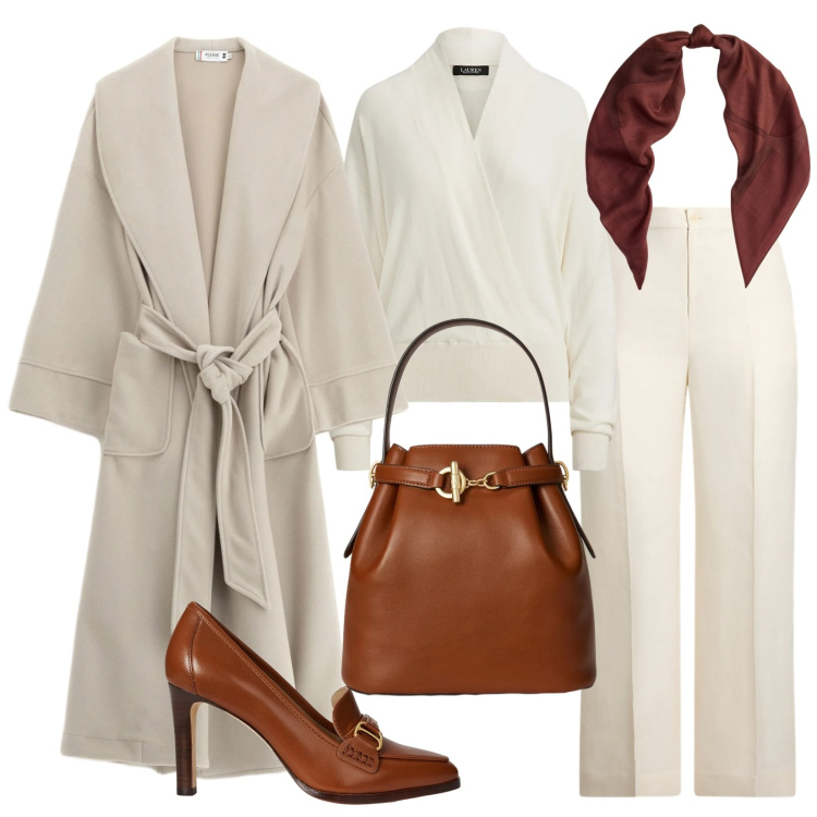 Outfit donna - Eleganza chic. Stile Minimal per Tutti i giorni. Abbinamento con cappotti, pantaloni, maglieria, sciarpe, décolleté, borse a secchiello.