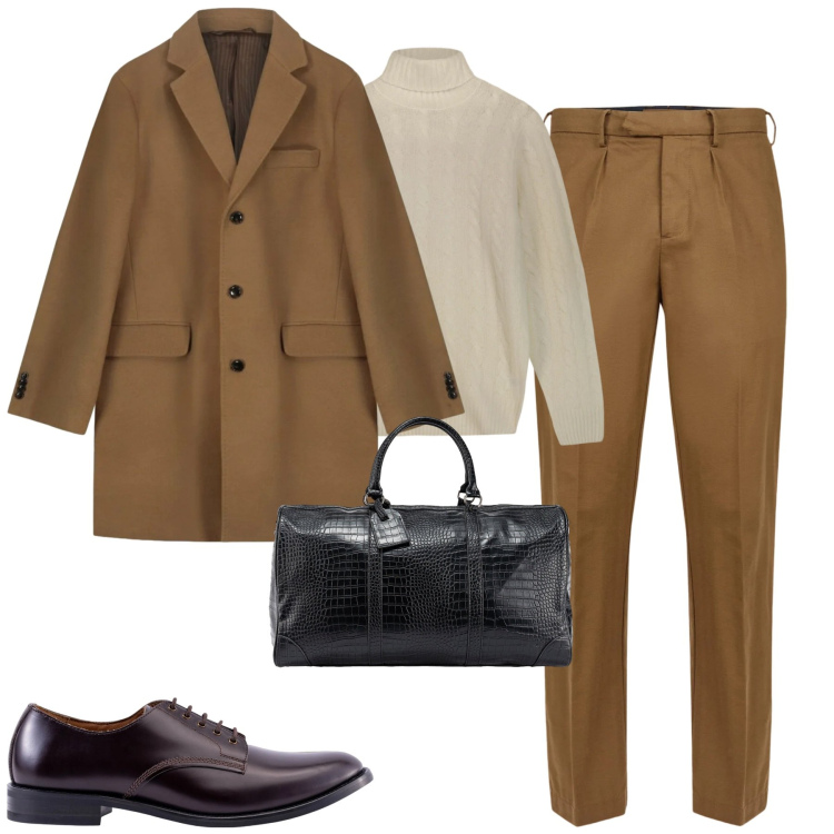 Outfit uomo - Il cappotto cammello. Stile Business/Elegante per Tutti i giorni. Abbinamento con pantaloni, scarpe stringate, borse sportive, cappotti, maglieria.