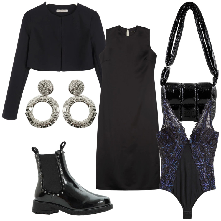 Outfit donna - Black forever. Stile Trendy per Serata fuori. Abbinamento con stivaletti chelsea, body, bolero, orecchini, borse a spalla, vestiti lunghi.