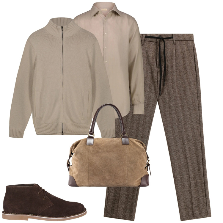 Outfit uomo - Tono su tono. Stile Urban per Tutti i giorni. Abbinamento con pantaloni, camicie, stivali e stivaletti, borse sportive, cardigans.
