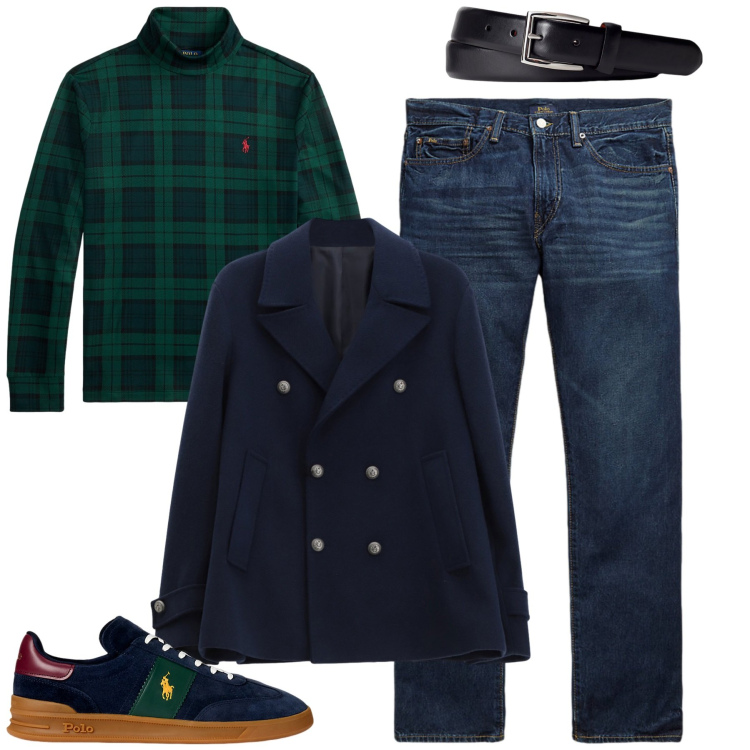 Outfit uomo - Dicembre. Stile Casual per Tutti i giorni. Abbinamento con cappotti, cinture, sneakers, jeans dritti, maglieria.
