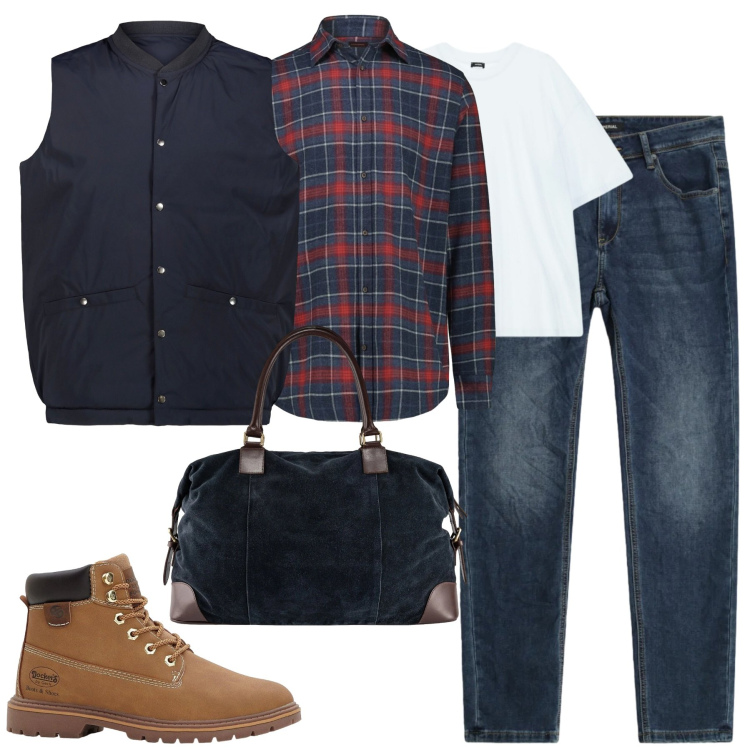 Outfit uomo - Dicembre casual. Stile Casual per Tutti i giorni. Abbinamento con stivali e stivaletti, t-shirt, jeans slim fit, piumini, borse sportive, camicie.