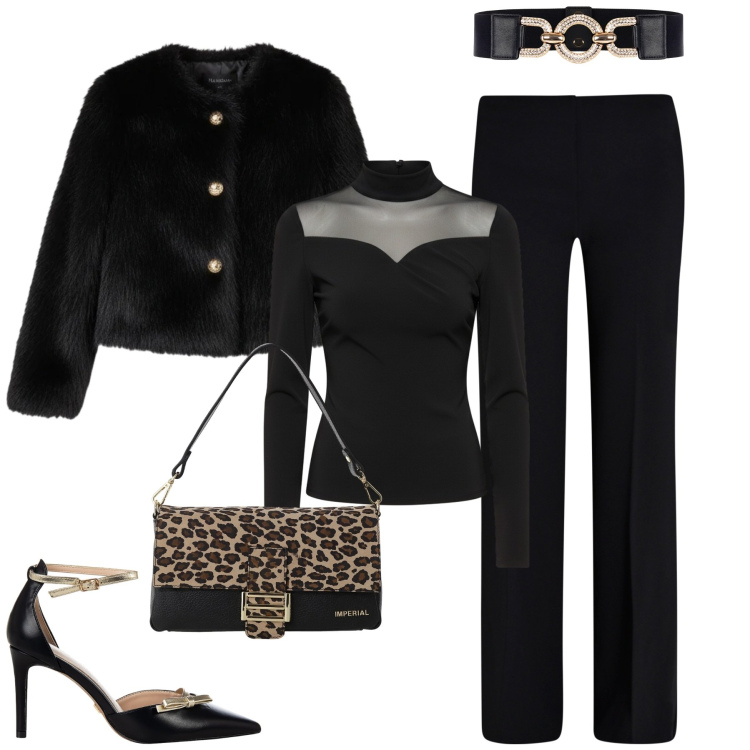 Outfit donna - Serata. Stile Chic per Serata fuori. Abbinamento con bluse, pantaloni a palazzo, décolleté, cinture, ecopellicce, borse a spalla.