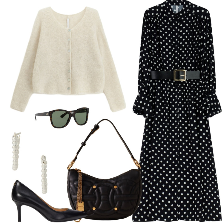 Outfit donna - Il vestito a pois. Stile Casual chic per Serata fuori. Abbinamento con vestiti midi/longuette, cardigans, borse a spalla, occhiali da sole, orecchini, décolleté.