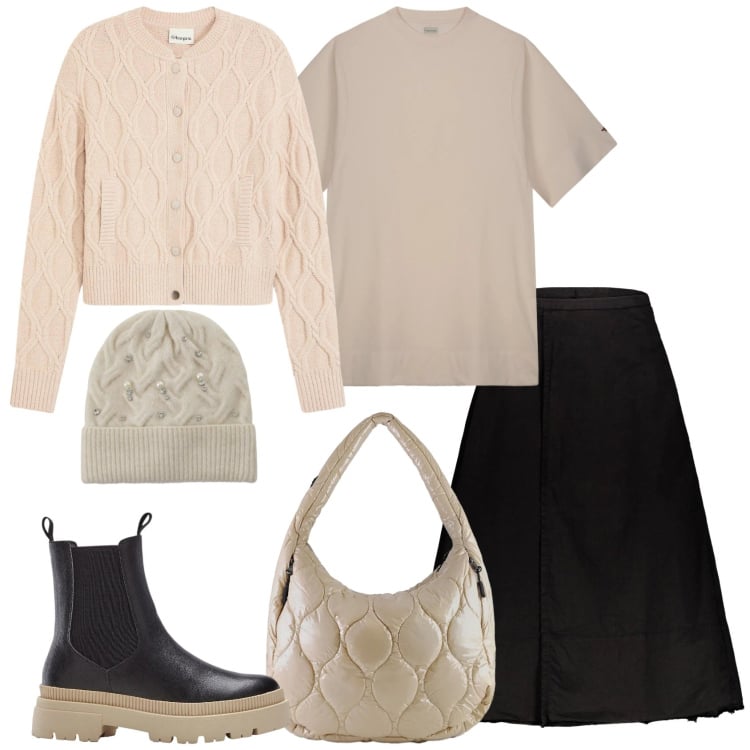 Outfit donna - Lavorazioni. Stile Casual per Scuola/Università. Abbinamento con cardigans, stivaletti chelsea, berretti, borse tote, gonne lunghe, vestiti lunghi.