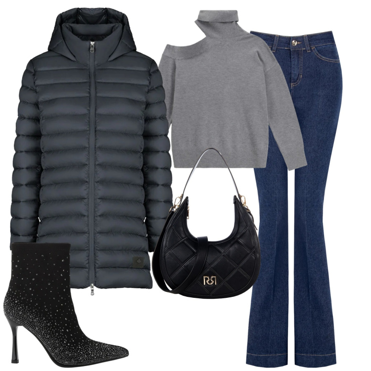 Outfit donna - Casual chic. Stile Casual chic per Tutti i giorni. Abbinamento con borse a tracolla, jeans a zampa, maglieria, stivaletti, piumini.