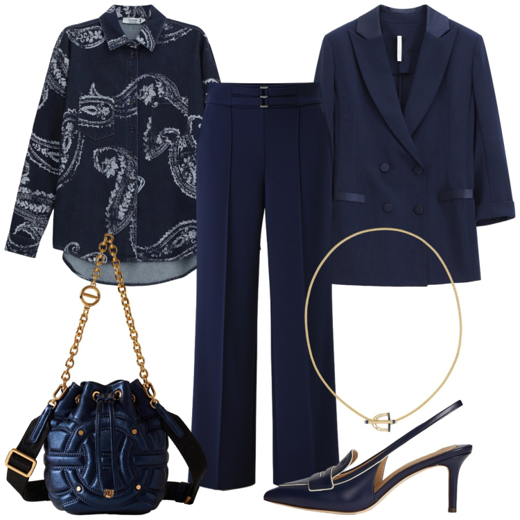 Outfit donna - Elegante in blu. Stile Glamour per Cerimonia. Abbinamento con camicie, pantaloni a palazzo, blazer, borse a secchiello, décolleté, ciondoli.