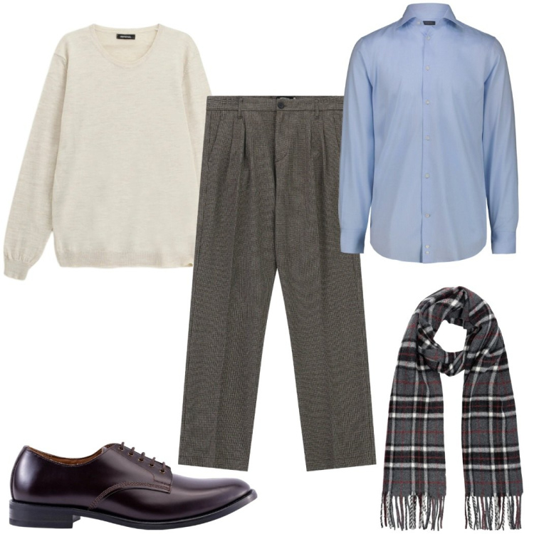 Outfit uomo - Total look #2304039. Stile Casual per Ufficio. Abbinamento con maglieria, pantaloni, scarpe stringate, sciarpe, camicie.