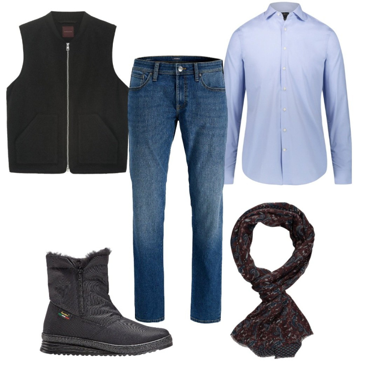 Outfit uomo - Total look #2304045. Stile Trendy per Tutti i giorni. Abbinamento con stivali e stivaletti, jeans, camicie, sciarpe, piumini.