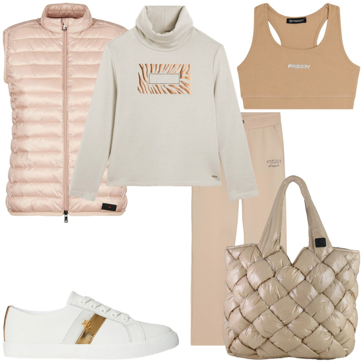 Outfit donna - Vado al circolo sportivo. Stile Sporty chic per Tutti i giorni. Abbinamento con pantaloni, top sportivi, felpe, sneakers, piumini, borse tote.