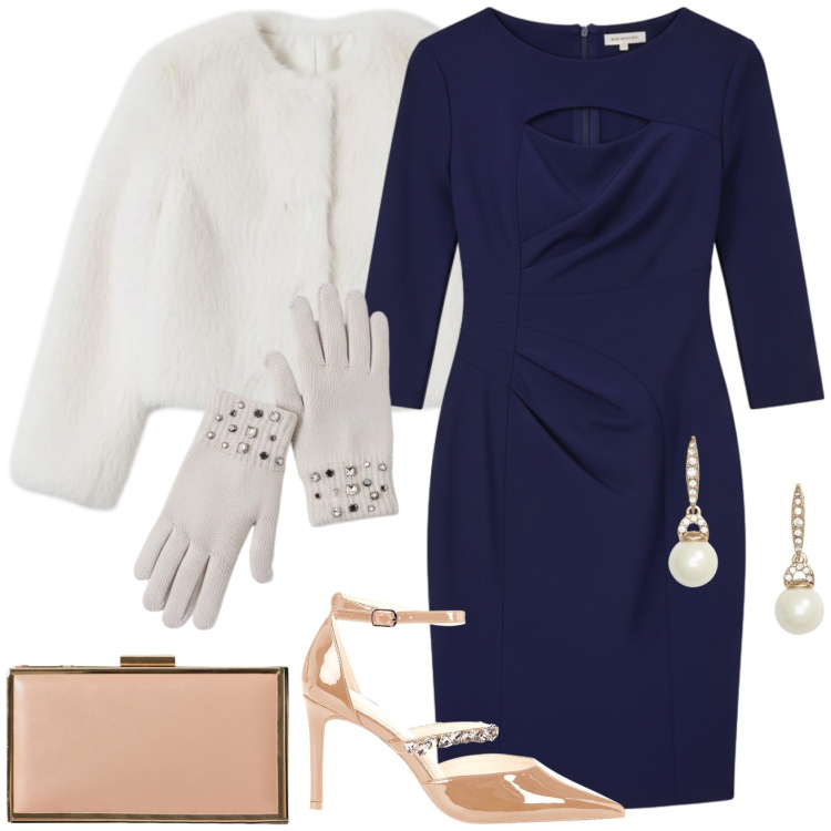 Outfit donna - Luminosa e sofisticata!. Stile Chic per Cerimonia. Abbinamento con ecopellicce, vestiti a tubino, pochette, décolleté, guanti, orecchini.