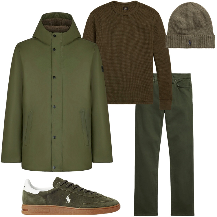 Outfit uomo - Verde bosco. Stile Urban per Tutti i giorni. Abbinamento con maglieria, sneakers, pantaloni, berretti, piumini.