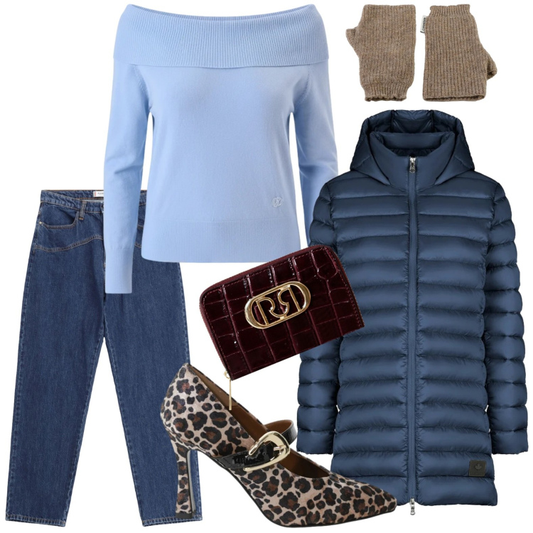 Outfit donna - La maglia con scollo. Stile Casual per Ufficio. Abbinamento con jeans, pullovers, portafogli, décolleté, piumini, guanti.