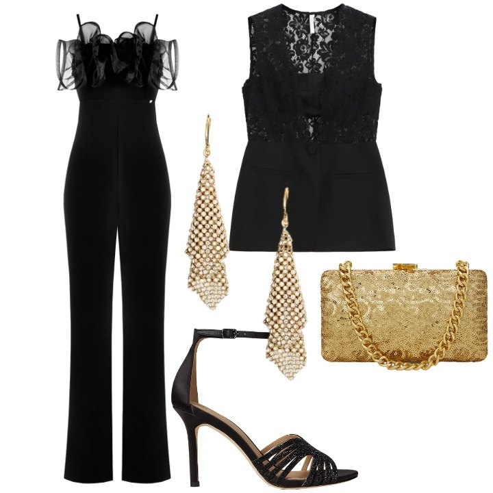 Outfit donna - Elegante brillante. Stile Chic per Serata fuori. Abbinamento con tute, gilet, clutch, sandali gioiello, orecchini.