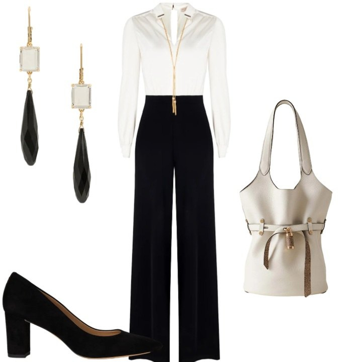 Outfit donna - Cena aziendale. Stile Minimal per Serata fuori. Abbinamento con tute, borse a secchiello, décolleté, orecchini.