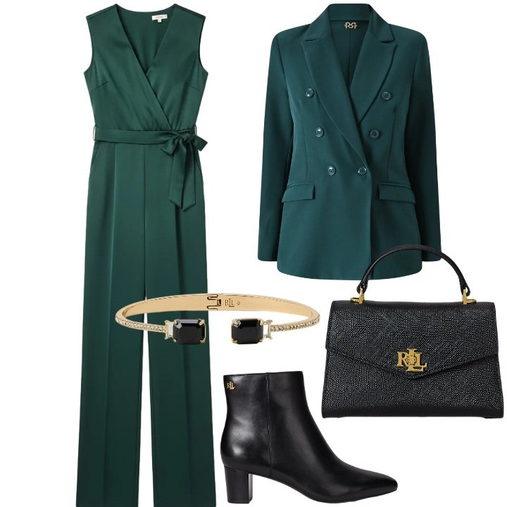 Outfit donna - Brindisi fra colleghi. Stile Bon Ton per Ufficio. Abbinamento con blazer, tute, stivaletti, borse a mano, braccialetti.
