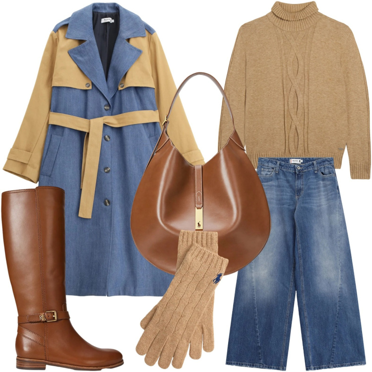 Outfit donna - Il Denim intramontabile. Stile Bon Ton per Ufficio. Abbinamento con trench, jeans, maglieria, stivali, borse a spalla, guanti.