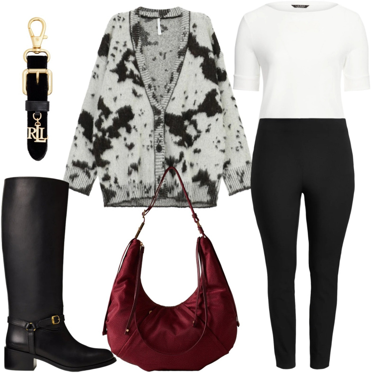 Outfit donna - Il cardigan urban. Stile Urban per Ufficio. Abbinamento con cardigans, borse a spalla, top, stivali, pantaloni skinny, portachiavi.