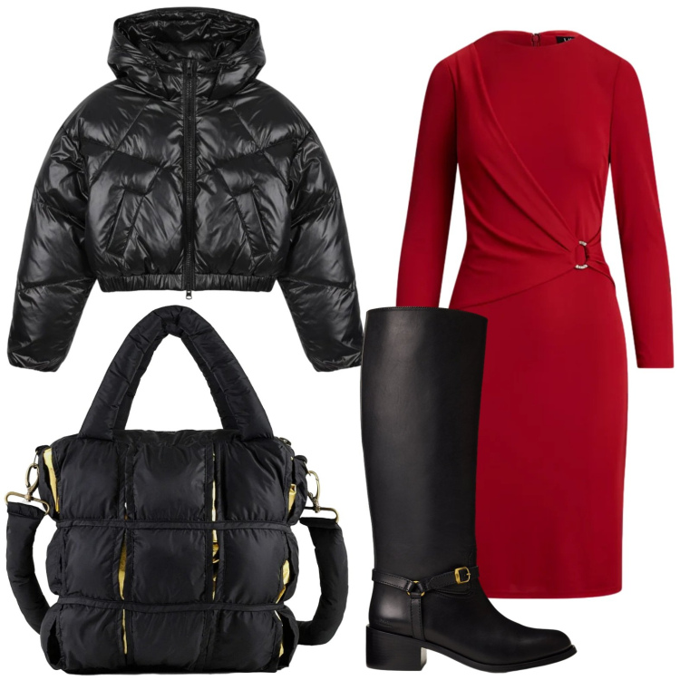 Outfit donna - Stivali glam. Stile Minimal per Ufficio. Abbinamento con vestiti, stivali, borse a mano, piumini.