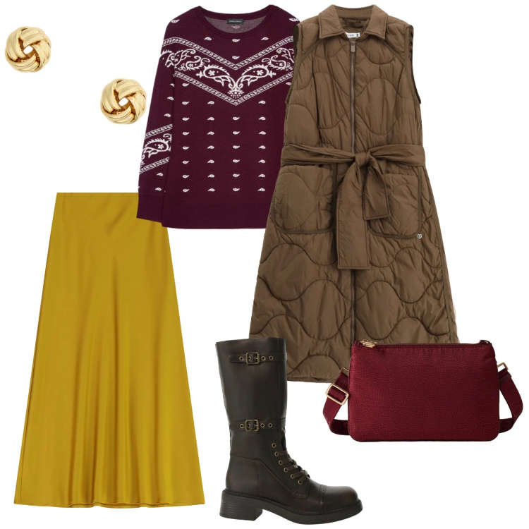 Outfit donna - Dicembre. per Tutti i giorni. Abbinamento con blazer, gonne lunghe, stivali, borse a tracolla, orecchini, maglieria.