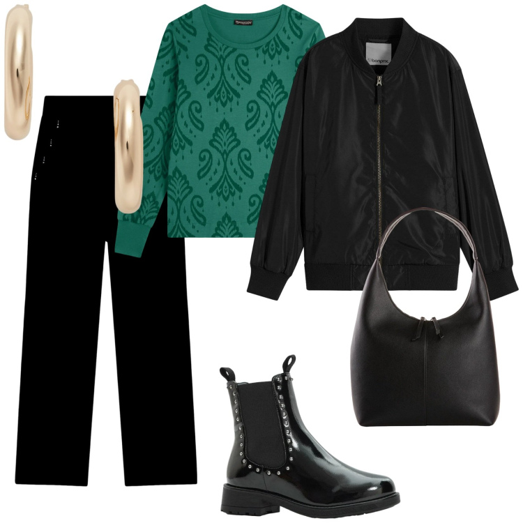 Outfit donna - Per tutto il giorno. per Tutti i giorni. Abbinamento con shopping bag, bomber, stivaletti chelsea, felpe, pantaloni, orecchini.