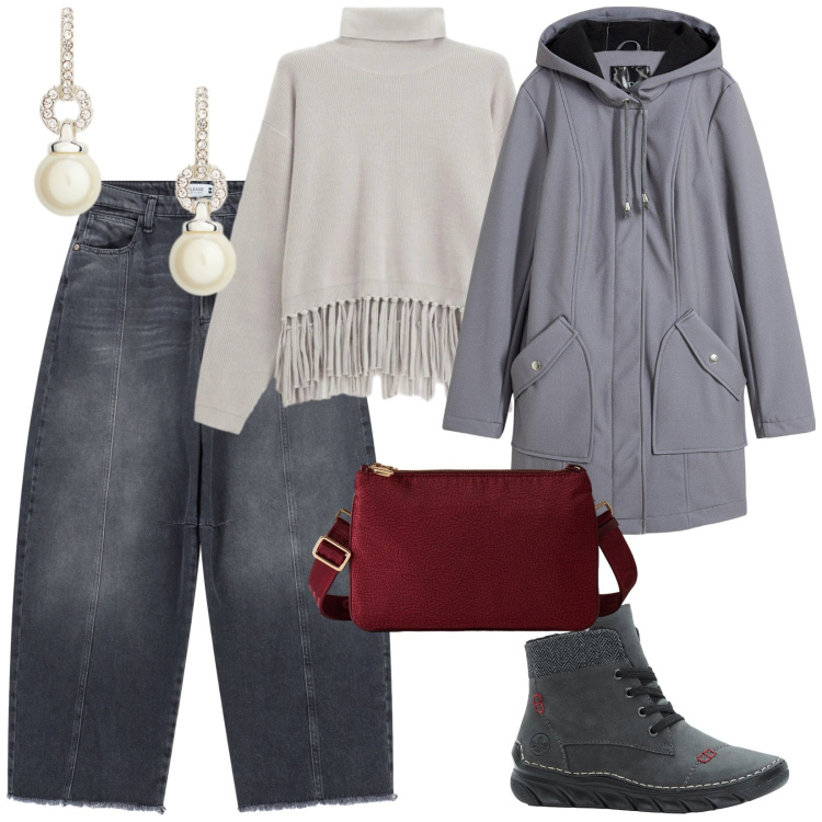 Outfit donna - Copriamoci. per Tutti i giorni. Abbinamento con parka, stivaletti, maglieria, pantaloni a palazzo, borse a tracolla, orecchini.