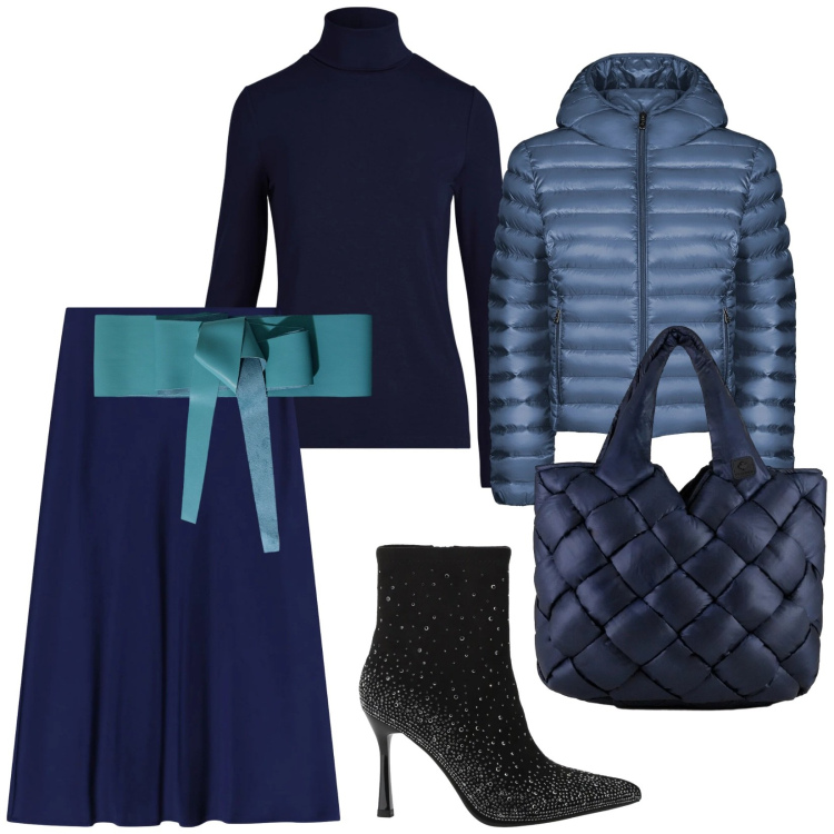 Outfit donna - Domenica in blu. per Serata fuori. Abbinamento con cinture, gonne longuette, stivaletti, vestiti, bomber, borse tote.