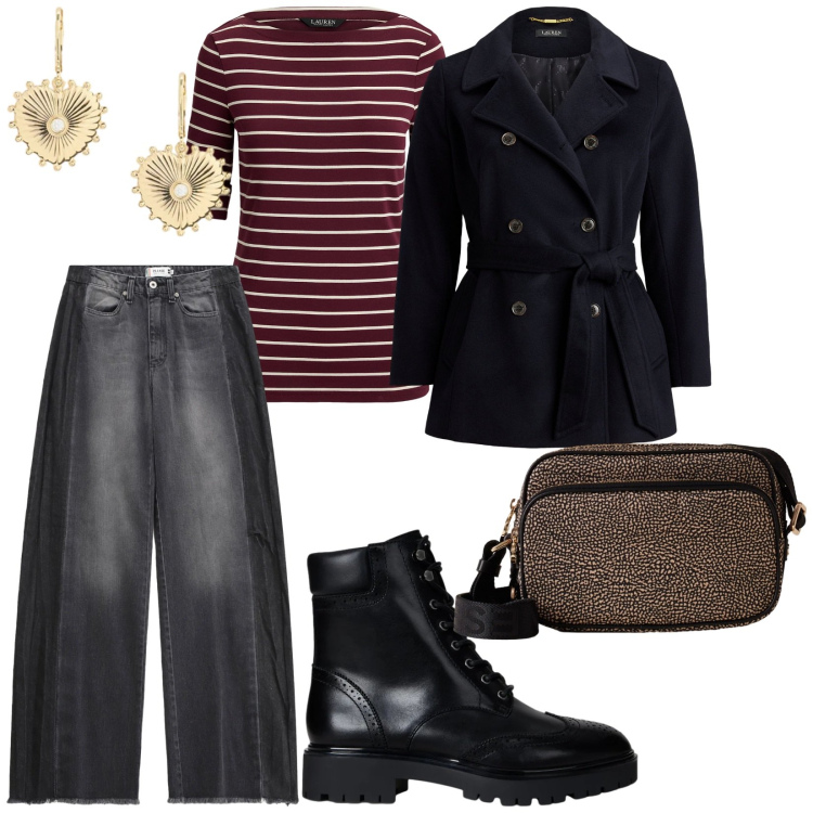 Outfit donna - Maglione a righe. per Tutti i giorni. Abbinamento con jeans, borse a tracolla, anfibi, cappotti, orecchini, t-shirt.