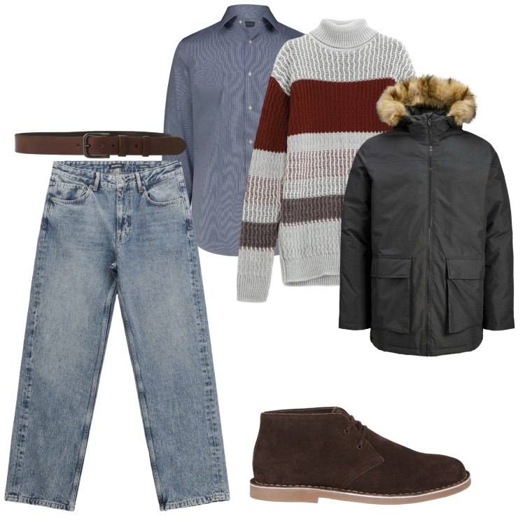 Outfit uomo - Per tutto il giorno. per Ufficio. Abbinamento con parka, jeans dritti, maglieria, cinture, stivali e stivaletti, camicie.