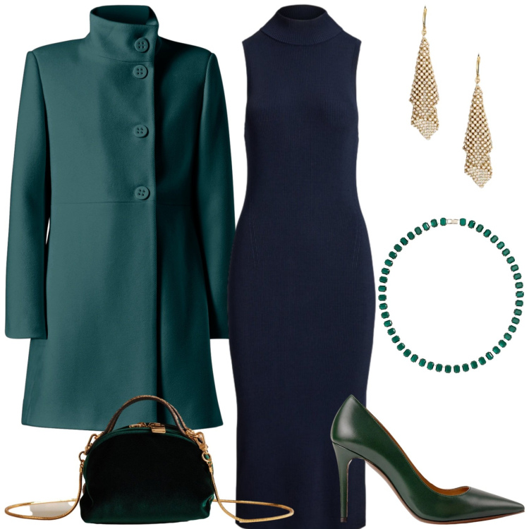 Outfit donna - Sofisticata in blu. Stile Chic per Serata fuori. Abbinamento con cappotti, borse a mano, décolleté, vestiti senza maniche, collane, orecchini.