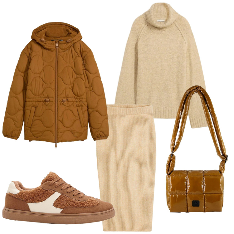 Outfit donna - Aperitivo per gli auguri. Stile Sporty chic per Serata fuori. Abbinamento con gonne, maglieria, giacche, sneakers, borse a spalla.