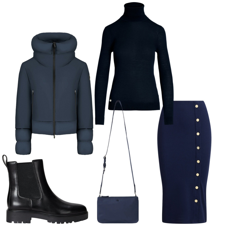 Outfit donna - Natale in blu. Stile Casual chic per Serata fuori. Abbinamento con maglieria, borse a tracolla, gonne, stivaletti chelsea, piumini.