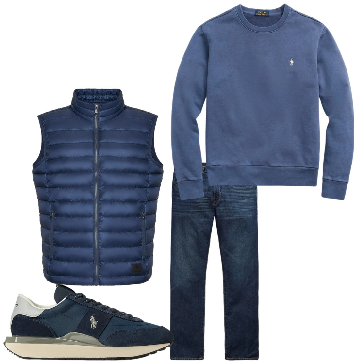 Outfit uomo - Casual blu. Stile Casual per Tutti i giorni. Abbinamento con felpe, sneakers, jeans dritti, piumini.